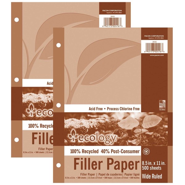 Ecology Recycled Filler Paper, 3/8" Ruled, Letter, 500 Sheets, PK2 P2416